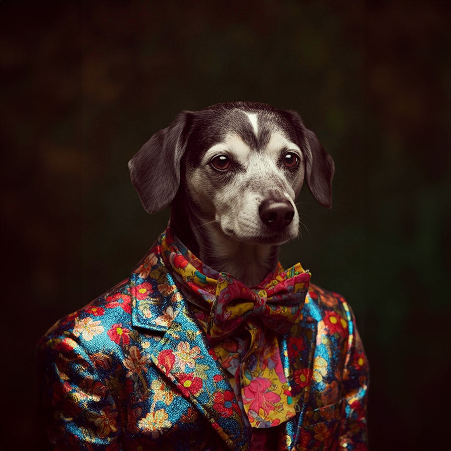 Hippie Dog - Ein farbenfrohes Kunstwerk für Freiheit und Lebensfreude auf Alu-Dibond
